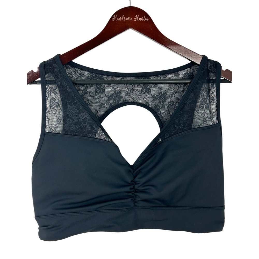Adore Me Women Evelin Contour Black Sports Bra 1X Lace Floral Trim‎ Racerback R2